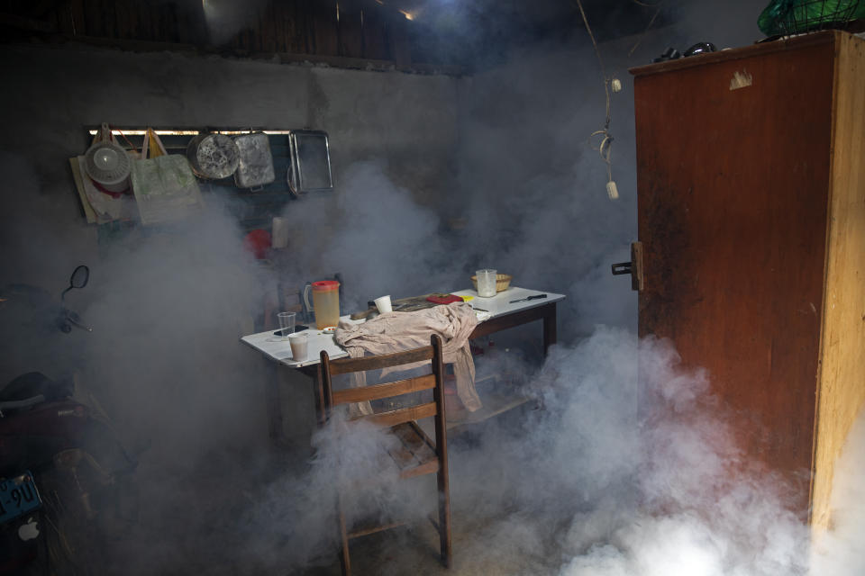 En esta imagen, tomada el 29 de septiembre de 2020, nubes de insecticida se cuelan en una sala durante una fumigación para controlar la propagación del dengue, en el centro de Pucallpa, Perú. Mientras el país enfrenta uno de los peores brotes de COVID-19 del mundo, otra epidemia está empezando a hacer sonar las alarmas: el dengue. (AP Foto/Rodrigo Abd)