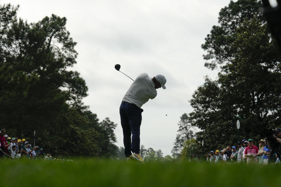 Brooks Koepka hits his tee shot on the ninth hole during the second round of the Masters golf tournament at Augusta National Golf Club on Friday, April 7, 2023, in Augusta, Ga. (AP Photo/David J. Phillip)