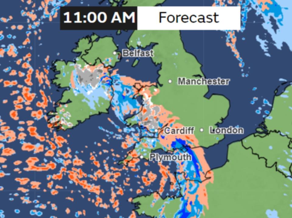 Forecast for Friday morning shows snow and hail in parts of Wales (Met Office)