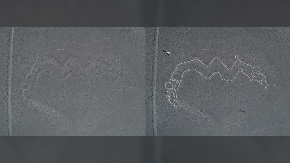 Aerial photo of Nazca lines in Peru. This geoglyph looks like a line drawing of a two-headed snake eating a humanoid.