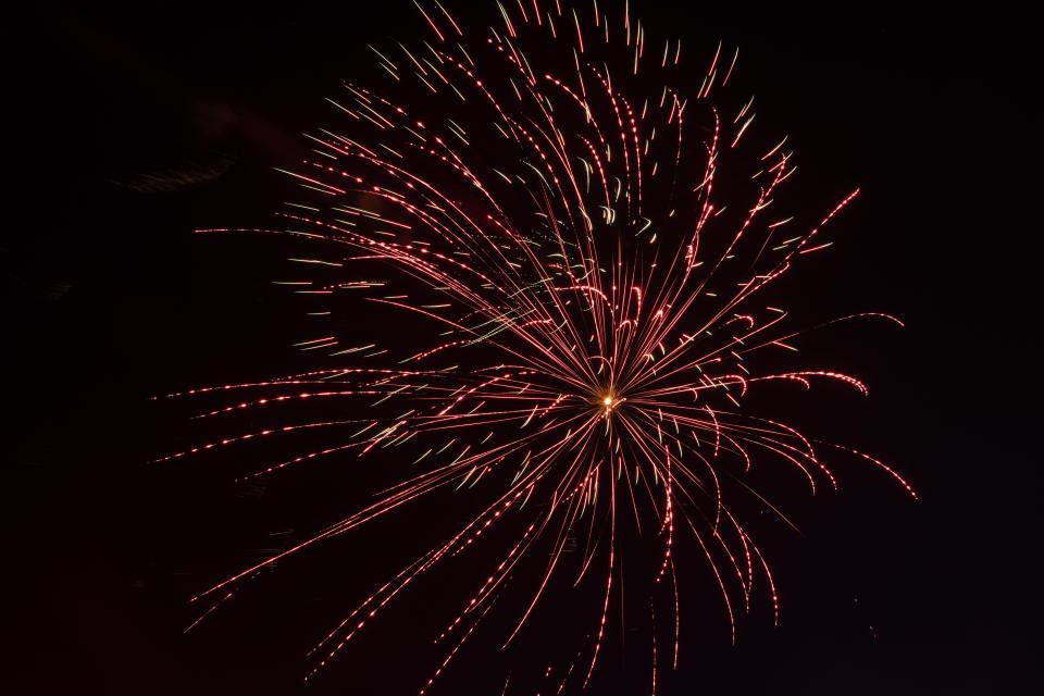 Fireworks go off over Buffalo Springs Lake for the annual fireworks show to celebrate the Fourth of July on Friday, July 3, 2020, in Buffalo Springs, Texas.