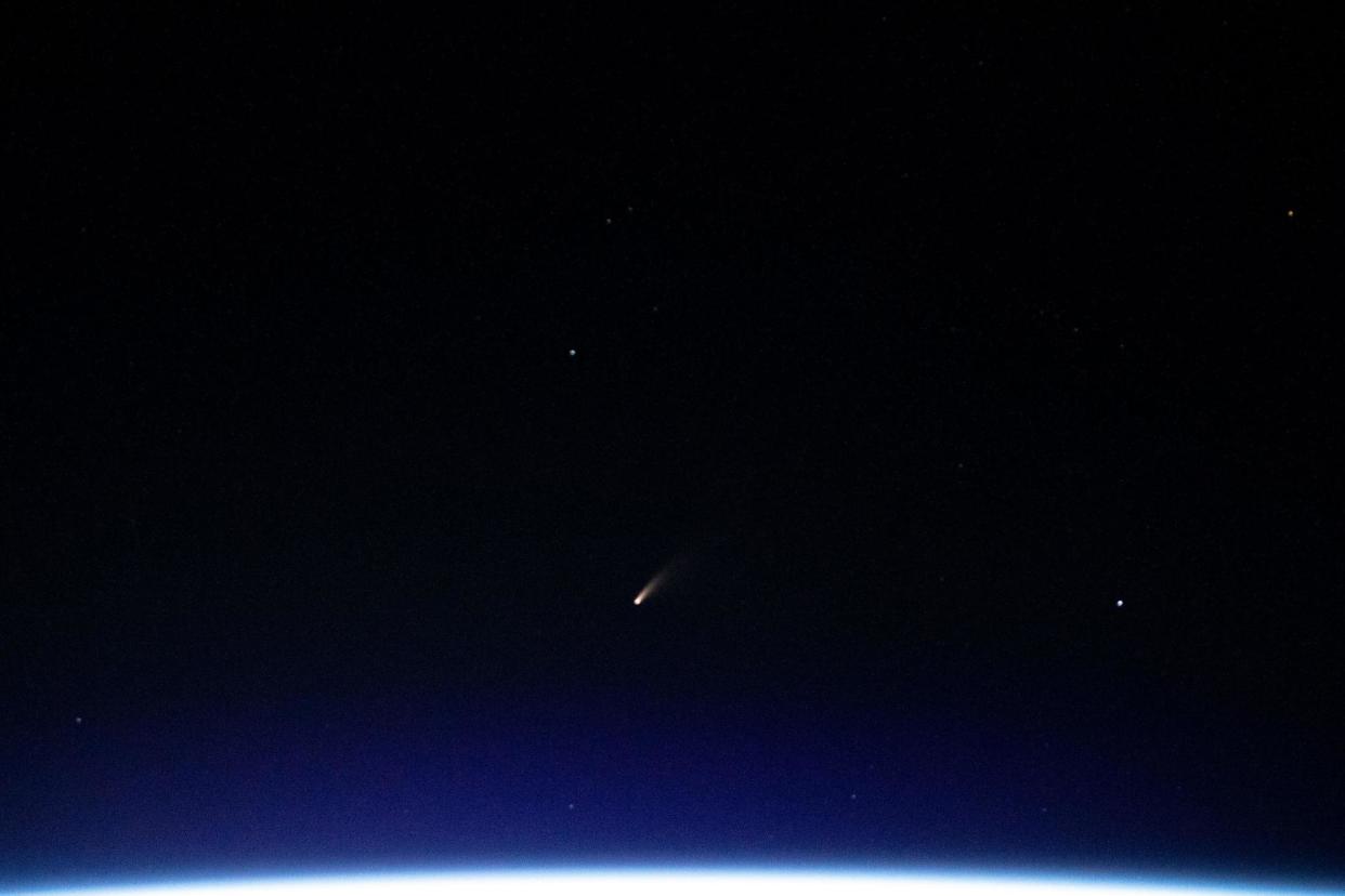 The tiny shooting star in the lower centre of this image is the comet Neowise pictured from the ISS as it orbited above the Mediterranean between Tunisia and Italy: NASA/JPL-Caltech