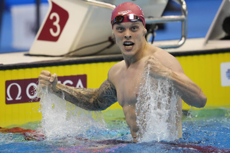 Matthew Richards of Britain competes in the Men 200m freestyle finals at the World Swimming Championships in Fukuoka, Japan, Tuesday, July 25, 2023. (AP Photo/Lee Jin-man)