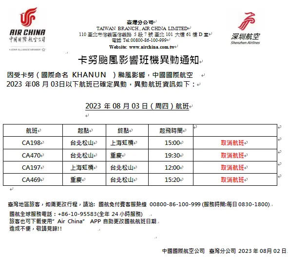 ▲中國航空航班異動。（圖／中國航空提供）