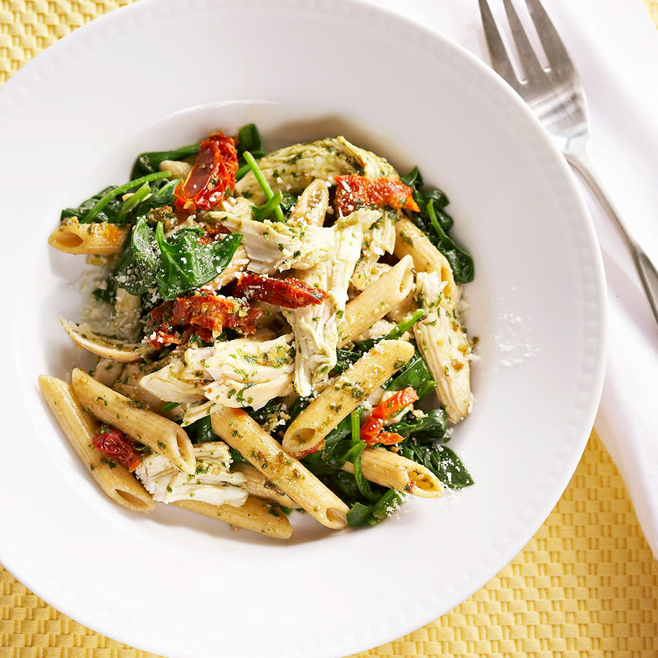 Lemon-Garlic Chicken Penne with Pesto and Spinach