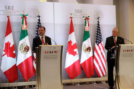 Mexican Foreign Minister Luis Videgaray speaks as U.S. Secretary of State Rex Tillerson looks on during a joint news conference in Mexico City, Mexico February 2, 2018. REUTERS/Henry Romero