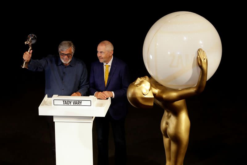 Festival President Jiri Bartoska attends a broadcast of an opening ceremony in Karlovy Vary