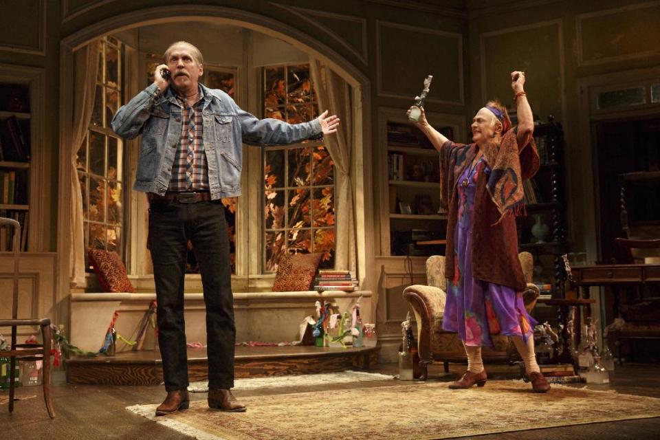 This image released by Polk & Co., shows Estelle Parsons, right, and Stephen Spinella during a performance of "The Velocity of Autumn," at the Booth Theatre in New York. (AP Photo/Polk & Co., Joan Marcus)