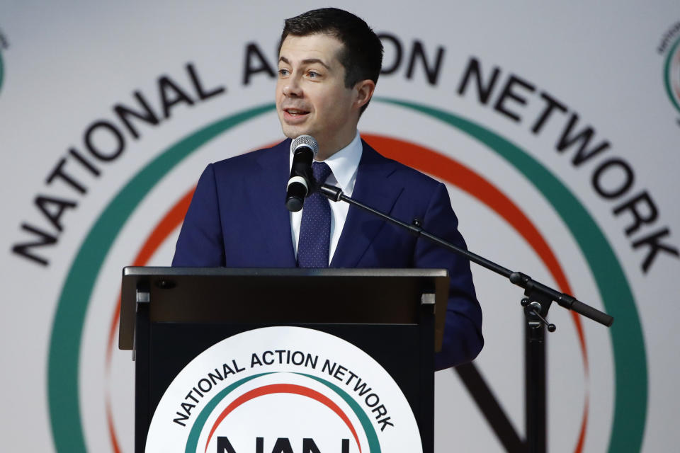 Democratic presidential candidate former South Bend, Ind., Mayor Pete Buttigieg speaks at the National Action Network South Carolina Ministers' Breakfast, Wednesday, Feb. 26, 2020, in North Charleston, S.C. (AP Photo/Matt Rourke)