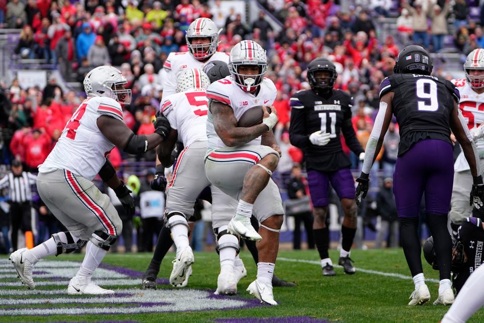 Nov 5, 2022; Evanston, Illinois, USA; Ohio State Buckeyes running back Miyan Williams (3) scores a touchdown during the second half of the NCAA football game against the Northwestern Wildcats at Ryan Field. Ohio State won 21-7. Mandatory Credit: Adam Cairns-The Columbus Dispatch