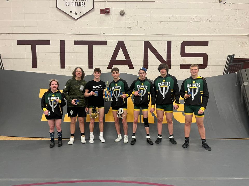 Northeastern wrestlers pose after going 5-0 at the Tri Super Duals Jan. 15, 2022.