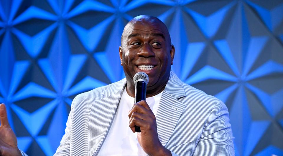 LOS ANGELES, CALIFORNIA - JUNE 22: Magic Johnson speaks onstage during The Genius of Magic Johnson Sponsored by Denny‚Äôs at The Genius Talks Sponsored By Credit Karma during the BET Experience at the Los Angeles Convention Center on June 22, 2019 in Los Angeles, California. (Photo by Frazer Harrison/Getty Images for BET)