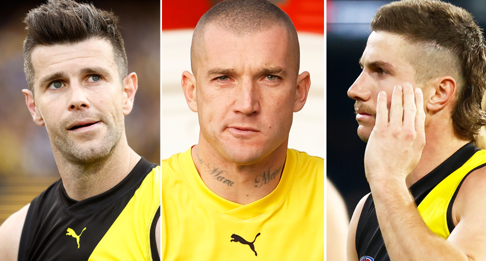 Pictured L-R: Trent Cotchin, Dustin Martin and Liam Baker