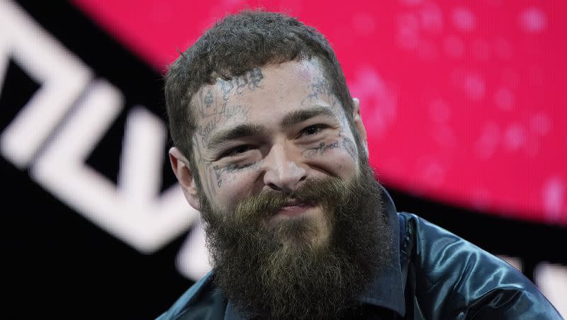 Post Malone speaks during a news conference ahead of the Super Bowl 58 NFL football game Thursday, Feb. 8, 2024, in Las Vegas.