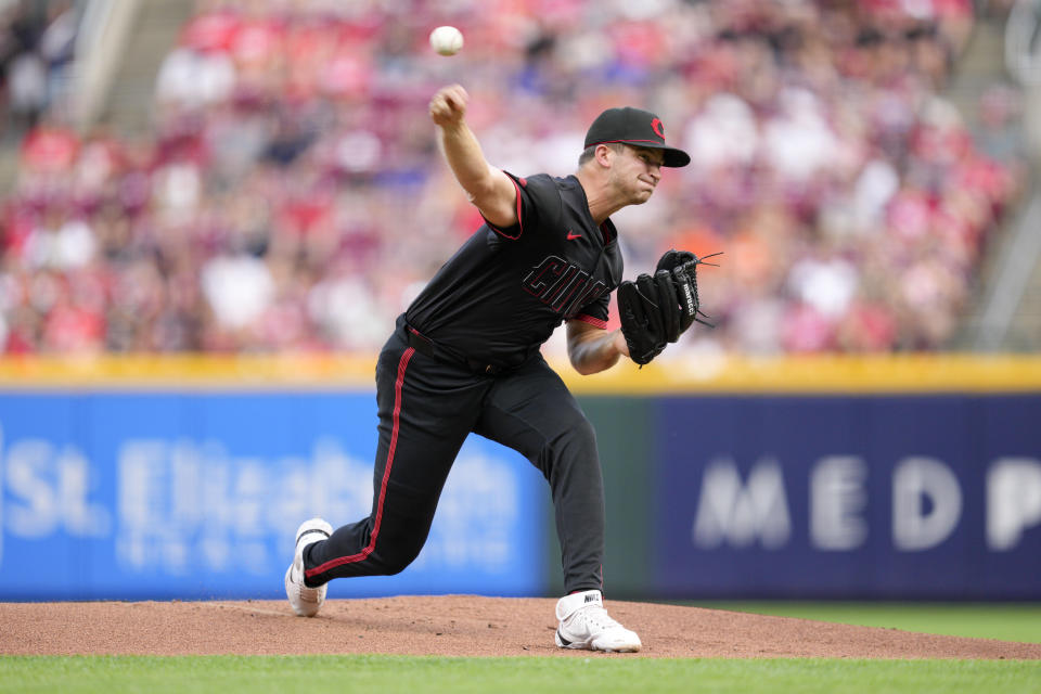 Cincinnati Reds pitcher Carson Spiers throws during the first inning of a baseball game against the Detroit Tigers in Cincinnati, Friday, July 5, 2024. (AP Photo/Jeff Dean)