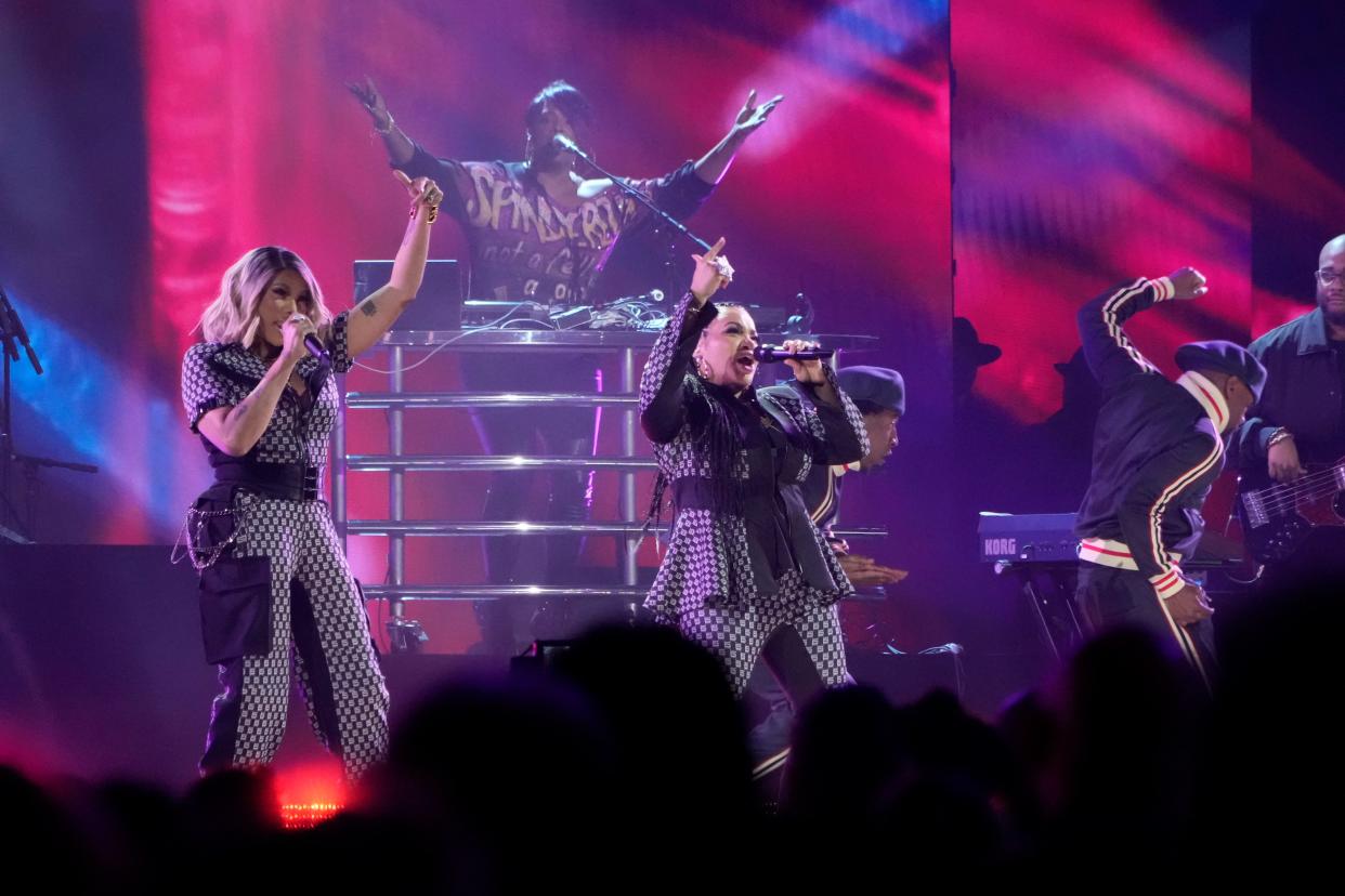 Salt-N-Pepa perform as part of a tribute to 50 years of hip-hop at this year's Grammys.