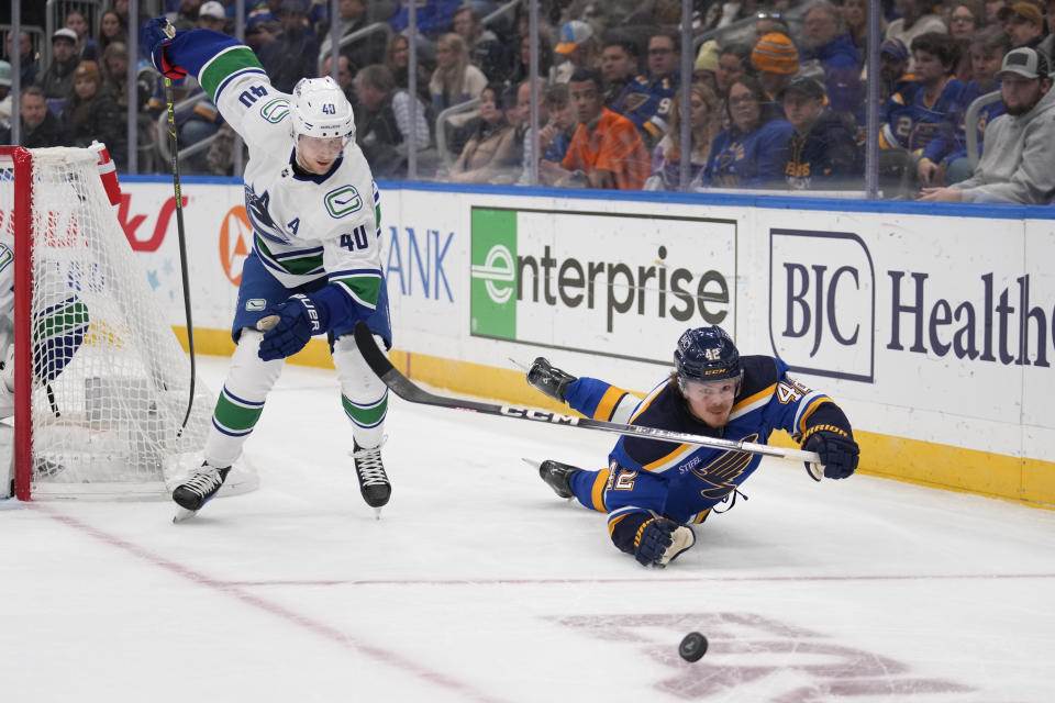 St. Louis Blues' Kasperi Kapanen (42) dives after a loose puck as Vancouver Canucks' Elias Pettersson (40) watches during the second period of an NHL hockey game Thursday, Jan. 4, 2024, in St. Louis. (AP Photo/Jeff Roberson)