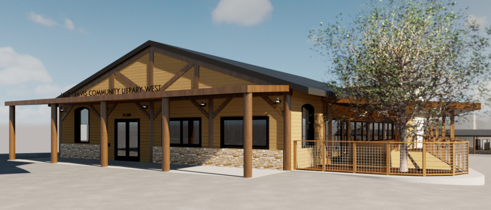 A rendering of the proposed exterior of the Spicewood branch of the Lake Travis Community Library District. The facility is expected to open this year.