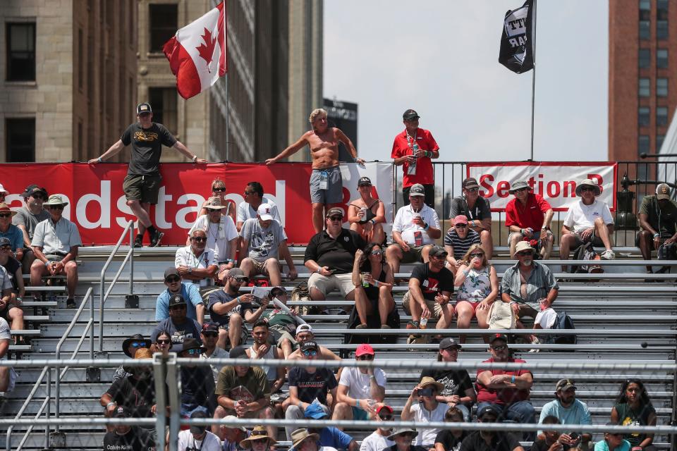 Race car fans watch IndyCar series qualifying round of Detroit Grand Prix in Detroit on Saturday, June 3, 2023.