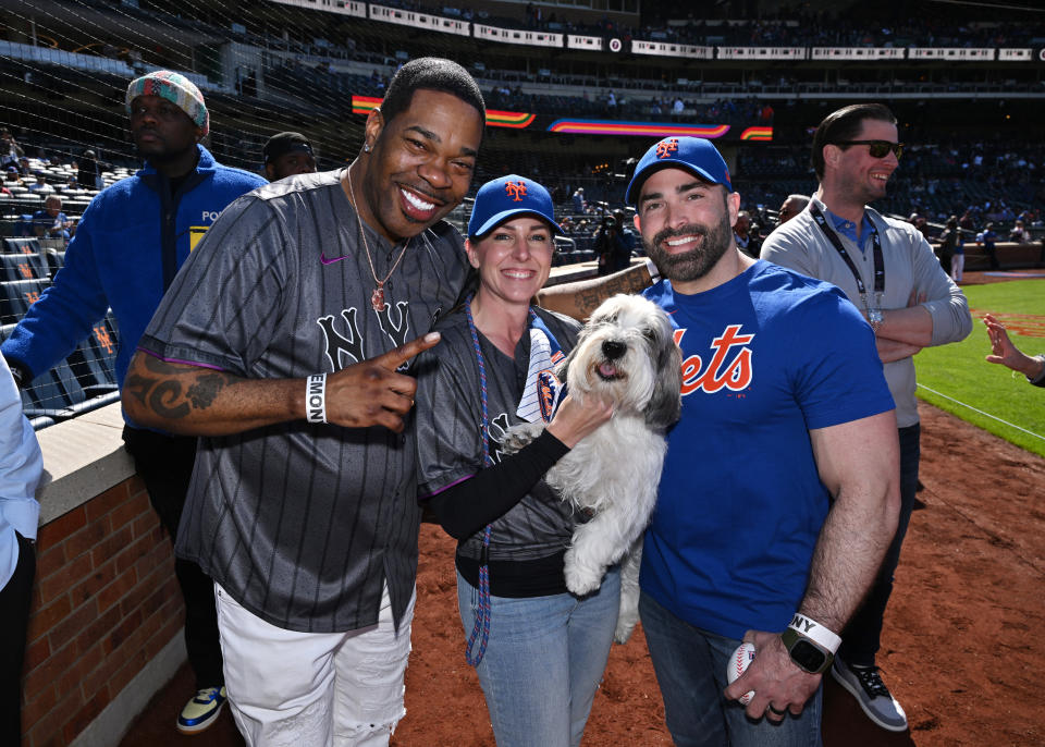 Busta Rhymes, Janice Hayes, Buddy Holly and Eric Ciceron attend the New York Mets vs. Atlanta Braves baseball game and the 148th Annual Westminster Kennel Club Dog Show