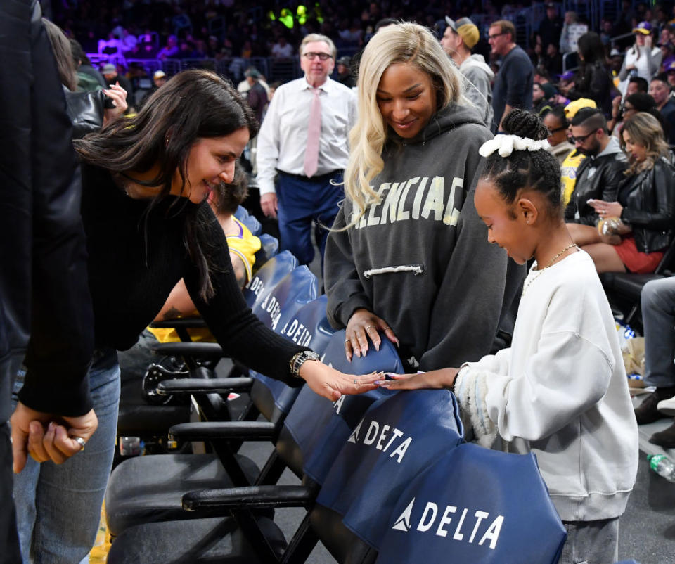 LOS ANGELES, CALIFORNIA - MARCH 24: (L-R) Fara Leff, Savannah James and Zhuri James attend a basketball game between the Los Angeles Lakers and the Indiana Pacers at Crypto.com Arena on March 24, 2024 in Los Angeles, California. NOTE TO USER: User expressly acknowledges and agrees that, by downloading and or using this photograph, User is consenting to the terms and conditions of the Getty Images License Agreement. (Photo by Allen Berezovsky/Getty Images)