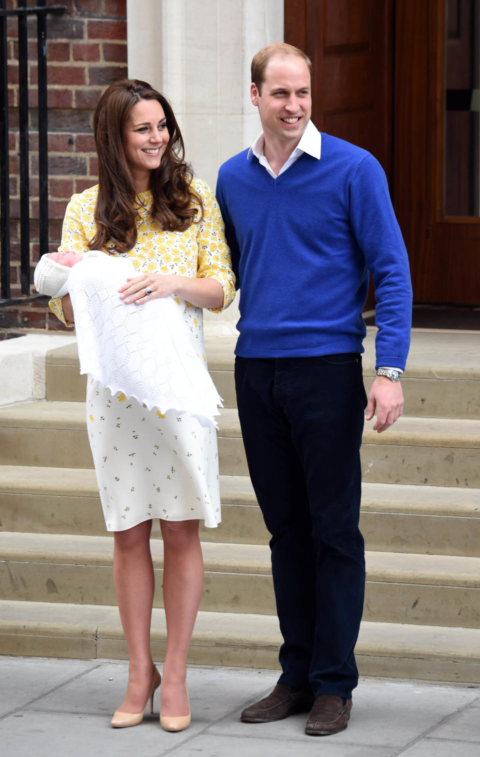 Photo by: KGC-03/STAR MAX/IPx 5/2/15 The Princess of Cambridge is seen outside the Lindo Wing of St. Mary's Hospital with her parents Prince William The Duke of Cambridge and Catherine The Duchess of Cambridge.  The Princess was born on Saturday, May 2nd, 2015 at 8:34 AM weighing 8lbs. 3oz. (Star Max/IPX via AP Images)