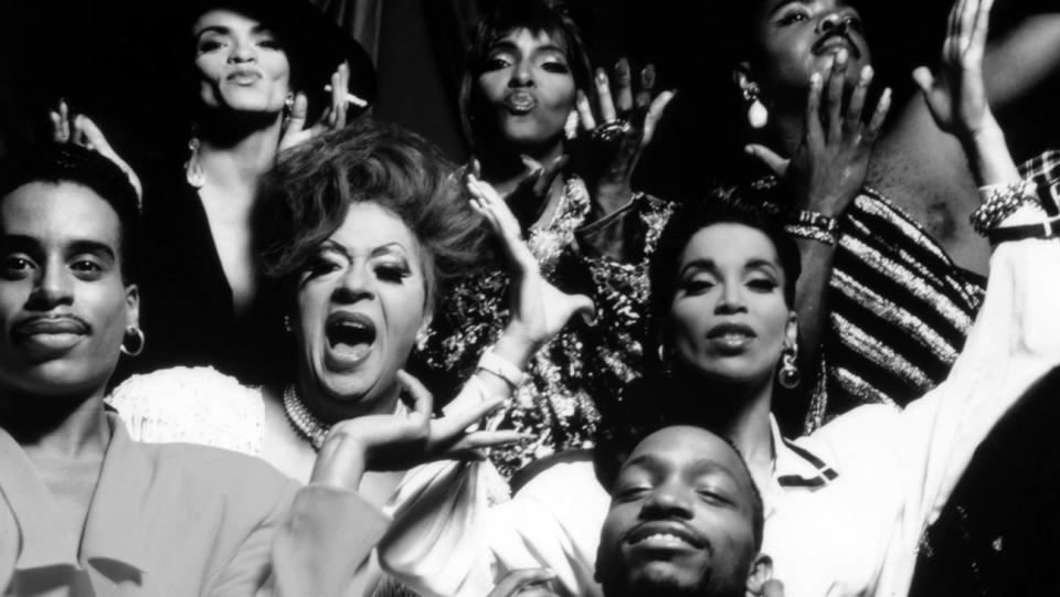 Dorian Corey, Junior LaBeija, Pepper LaBeija, Willi Ninja, Freddie Pendavis, Octavia St. Laurent, Anji Xtravaganza in PARIS IS BURNING, 1990.