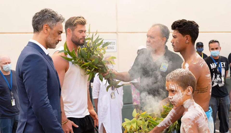 Taika Waititi and Chris Hemsworth receive a blessing as production on Thor: Love and Thunder begins. (Instagram)