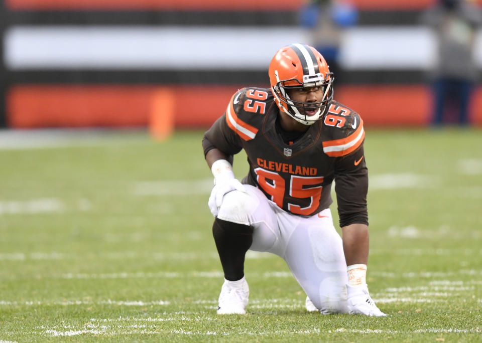 Cleveland Browns defensive end Myles Garrett lines up during an NFL football game against the Green Bay Packers in December. (AP)