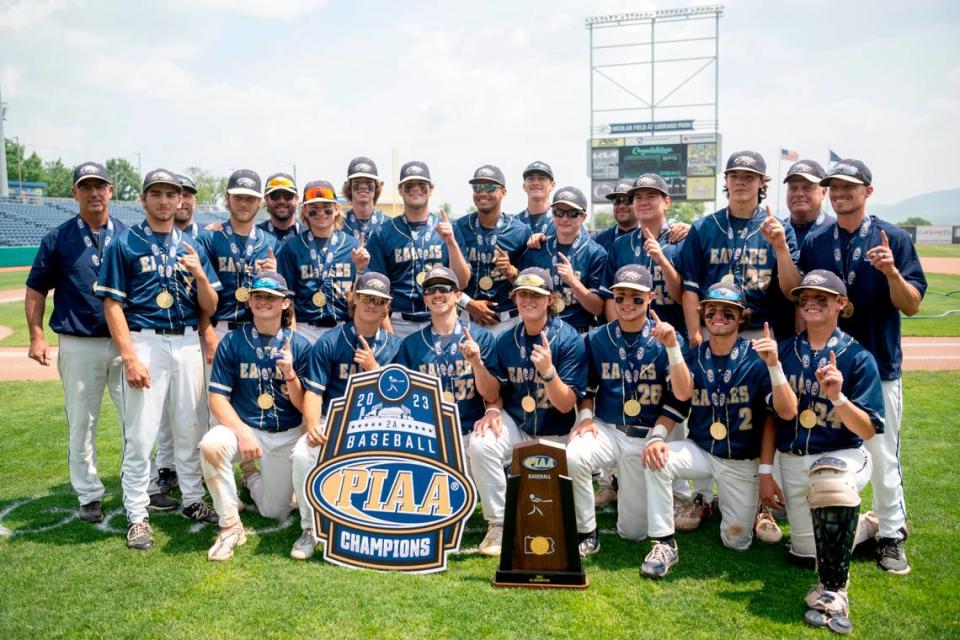 Bald Eagle Area baseball celebrates winning the PIAA Class 2A championship with a11-0 win over Mount Union at Medlar Field on Saturday, June 17, 2023.