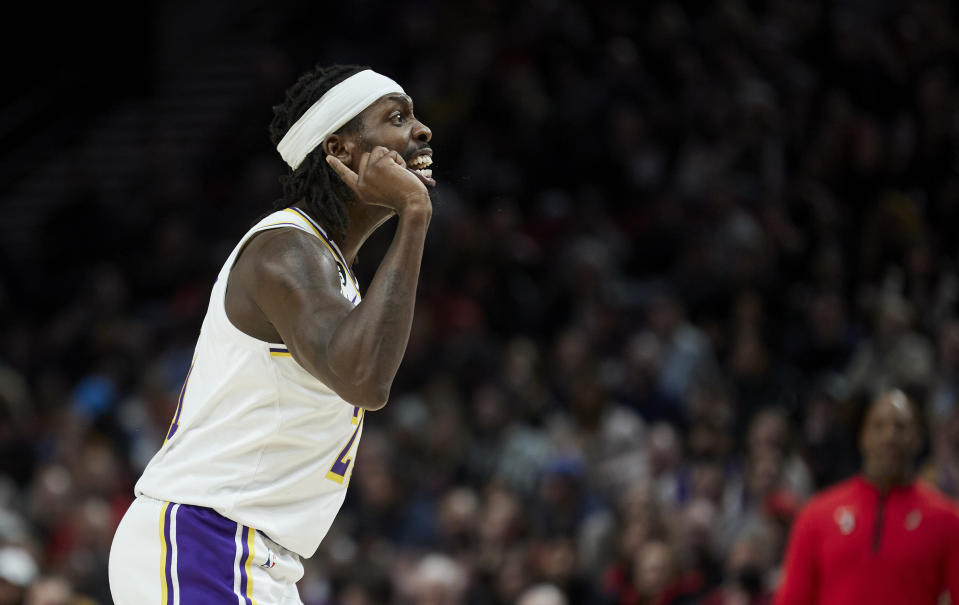 Los Angeles Lakers guard Patrick Beverley reacts after scoring against the Portland Trail Blazers during the second half of an NBA basketball game in Portland, Ore., Sunday, Jan. 22, 2023. (AP Photo/Craig Mitchelldyer)