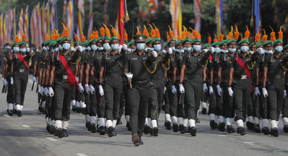 Sri Lankan army soldiers march during the 73rd Independence Day parade rehearsal in Colombo, Sri Lanka, Wednesday, Feb. 3, 2021. Sri Lanka's independence from British colonial rule is celebrated on Feb. 4 each year. (AP Photo/Eranga Jayawardena)