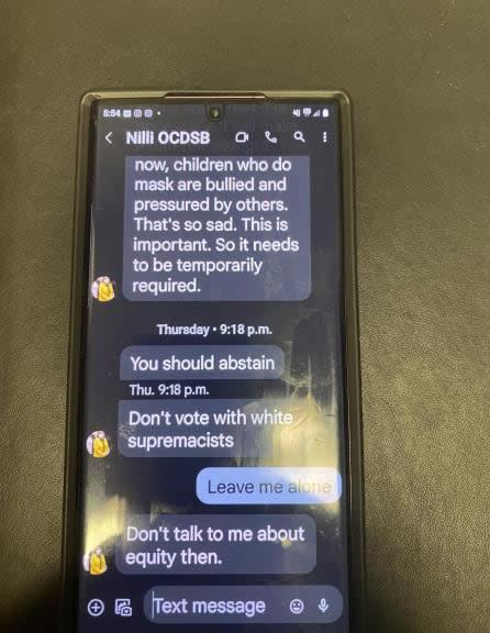 A screengrab of part of a Nov. 24, 2022 text message exchange between Donna Dickson, in light blue, and Nili Kaplan-Myrth in dark blue.