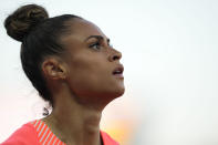 FILE - Sydney McLaughlin-Levrone looks up after competing in the women's 400 meter semi-final during the U.S. track and field championships in Eugene, Ore., Friday, July 7, 2023. (AP Photo/Ashley Landis, File)