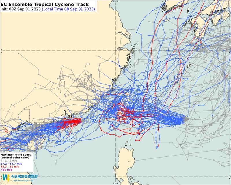 海葵颱風最新系集預報路徑。（圖／翻攝自「天氣風險 WeatherRisk」臉書）