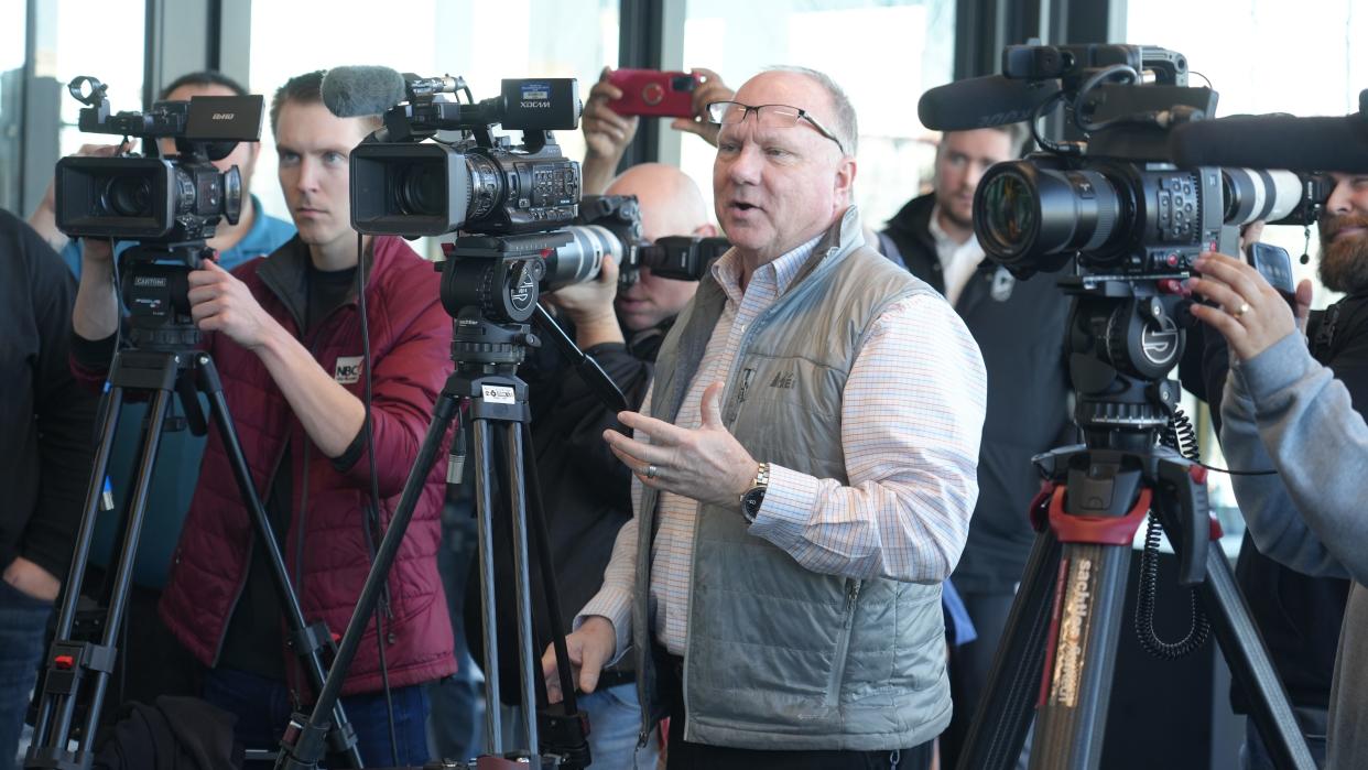 WSYX and WTTE sports anchor Clay Hall asks a question during the Columbus Crew media day on February 21, 2023 at the OhioHealth Performance Center.  