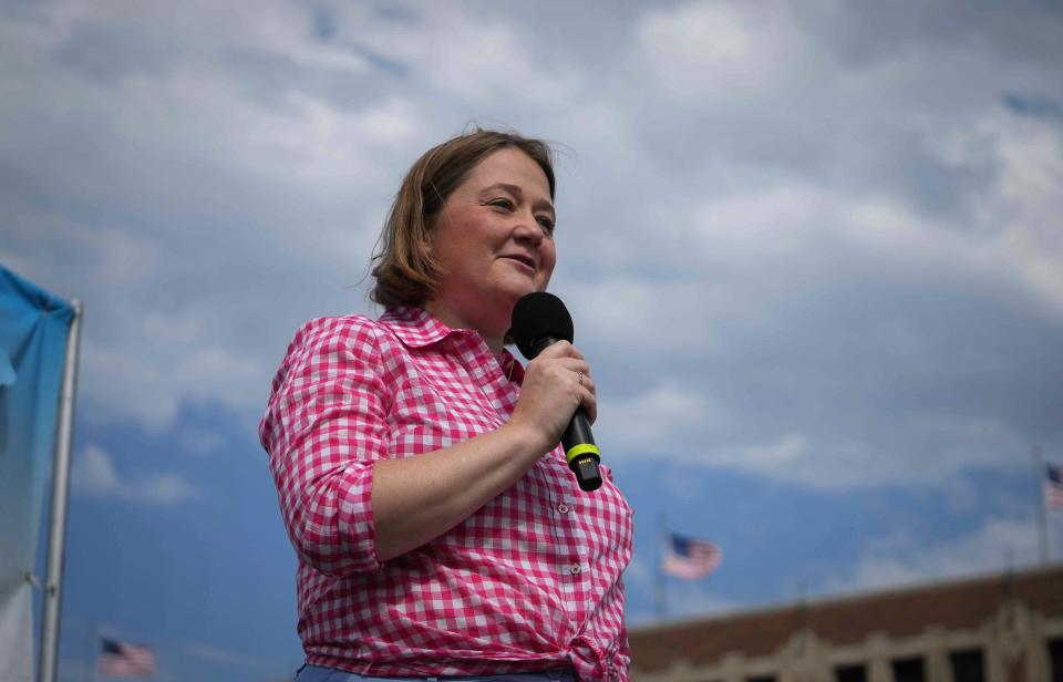 Brenna Bird, the Republican candidate for Iowa attorney general, speaks at the Des Moines Register Political Soapbox during the Iowa State Fair in on Saturday, Aug. 13, 2022, in Des Moines.