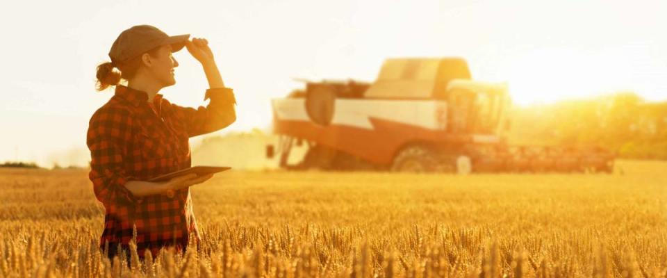 Woman farmer with digital tablet on a background of combine harvester. Smart farming concept.