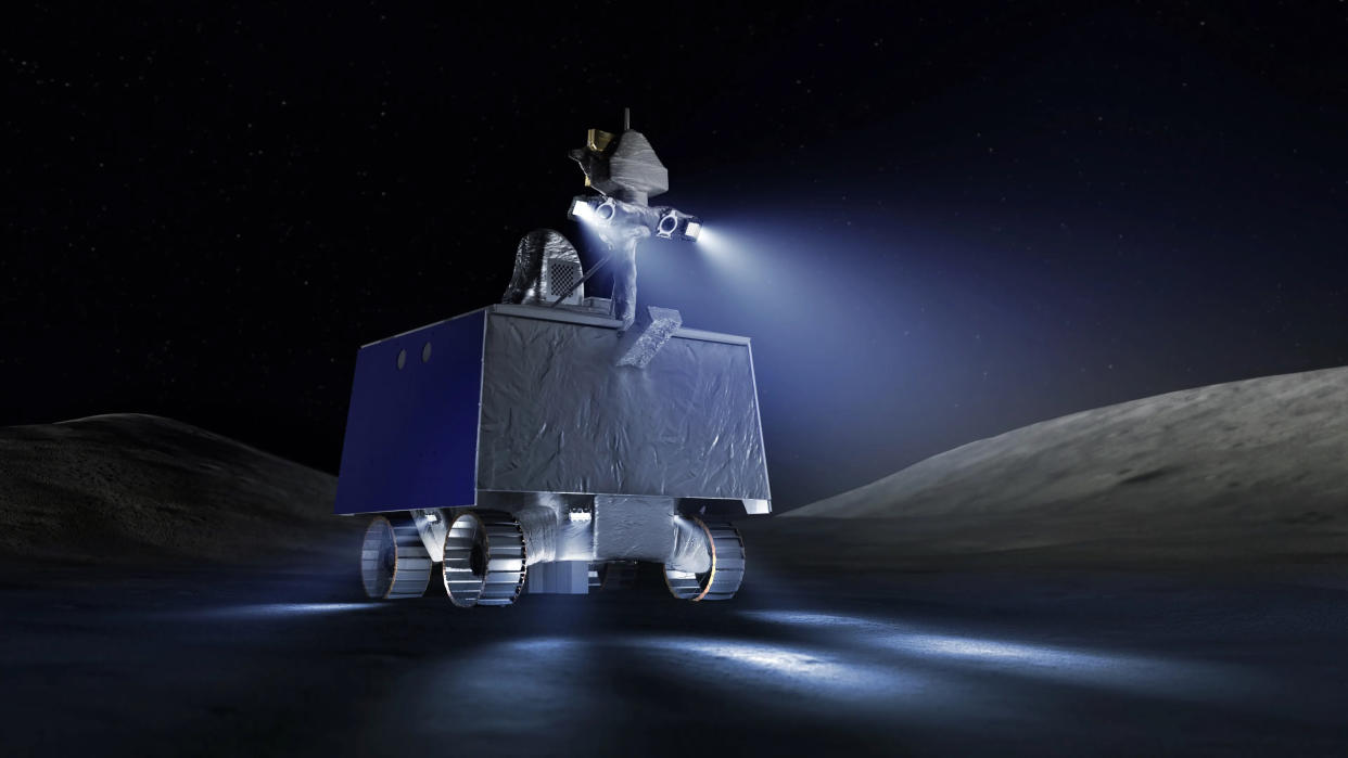  Illiustration of a boxy silver rover on the lunar surface at night. 