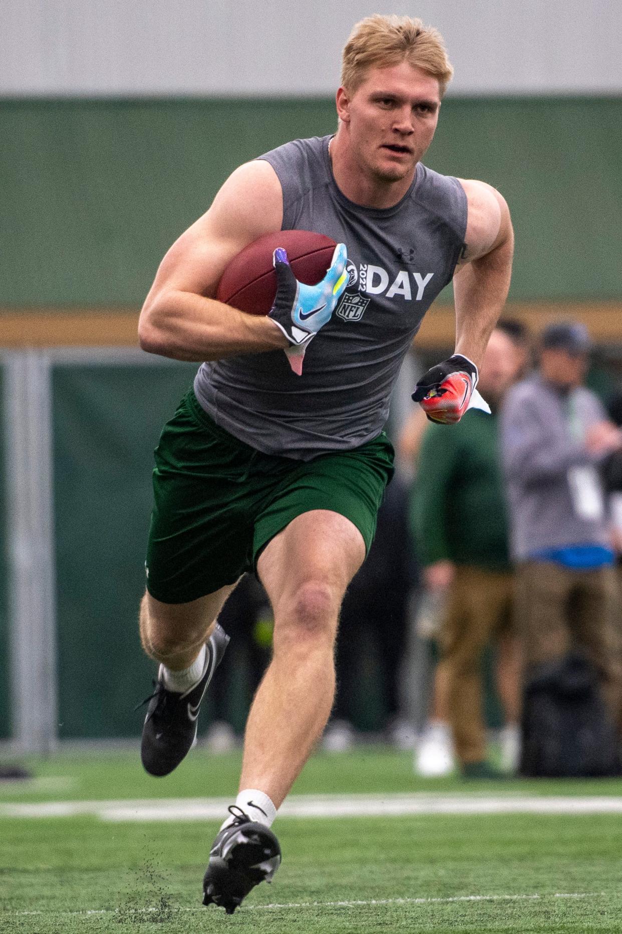 Trey McBride participates in CSU's pro day at the Indoor Practice Facility on the Colorado State campus on Wednesday, March 30, 2022.