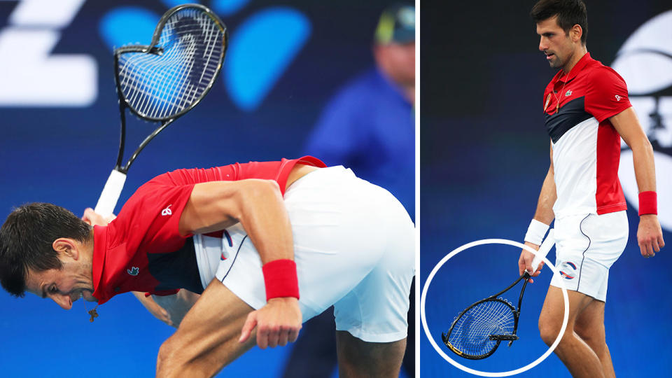 Novak Djokovic, pictured here smashing his racquet during his match at the ATP Cup.