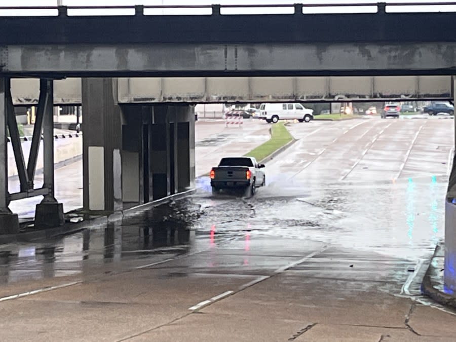Flooding at the Carrollton overpass in New Orleans on Wednesday, April 10, 2024. (WGNO/Kenny Lopez)