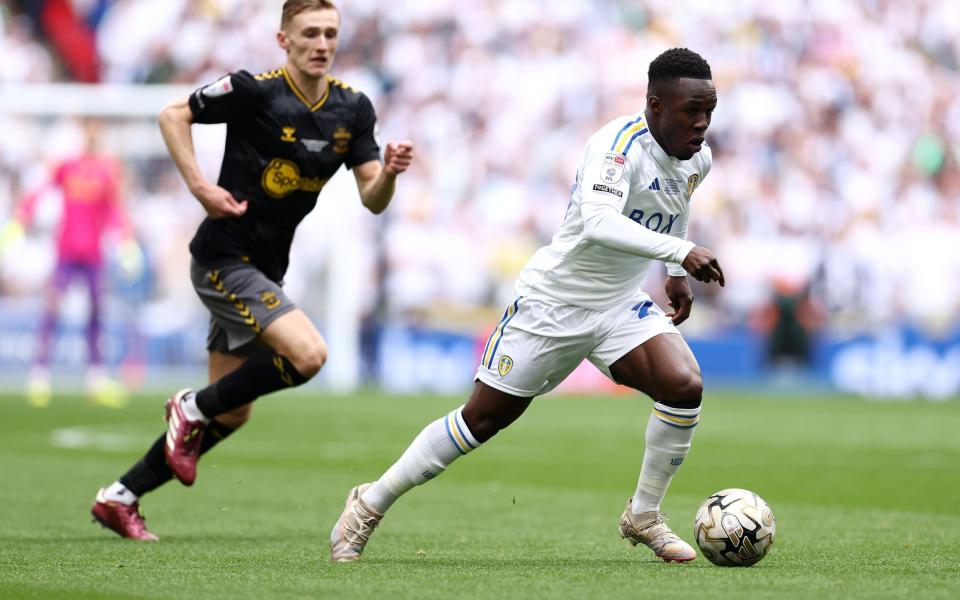 Wilfried Gnonto of Leeds United runs with the ball during the Sky Bet Championship Play Final match between Leeds United and Southampton