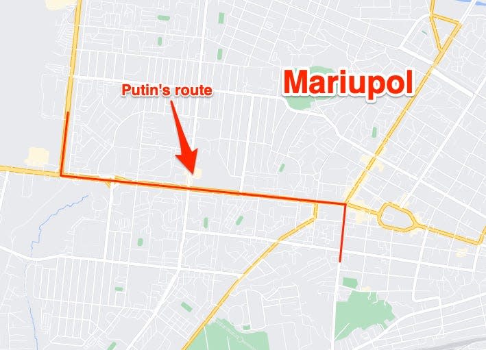 A map showing a route taken by Vladimir Putin through Mariupol