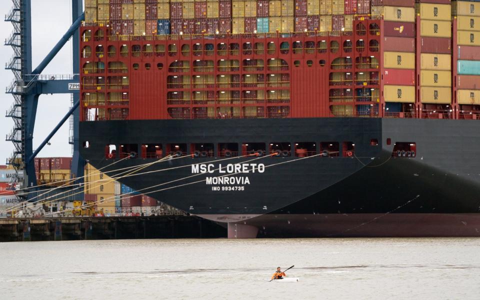 The world's largest cargo ship MSC Loreto left the Port of Felixstowe in Suffolk after its first UK visit - Joe Giddens/PA Wire