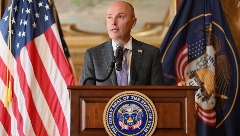 Gov. Spencer Cox holds a press conference with Utah Attorney General Sean Reyes to discuss a lawsuit field against TikTok, at the Capitol in Salt Lake City on Tuesday, Oct. 10, 2023.