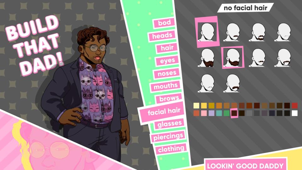Dream Daddy character creator showing a dark skinned dad wearing a jacket and cat-themed shirt