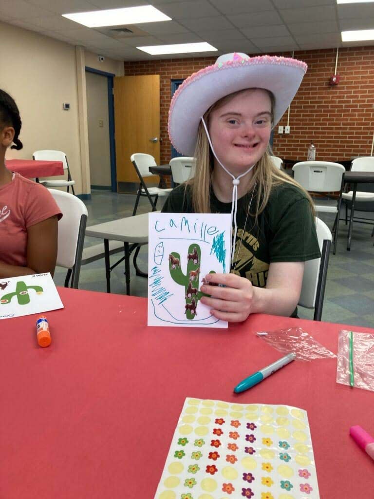 Camper Camille Rider joins in at the craft table at Forever His Bible Day Camp held at Karns Church of Christ Saturday, April 15, 2023.
