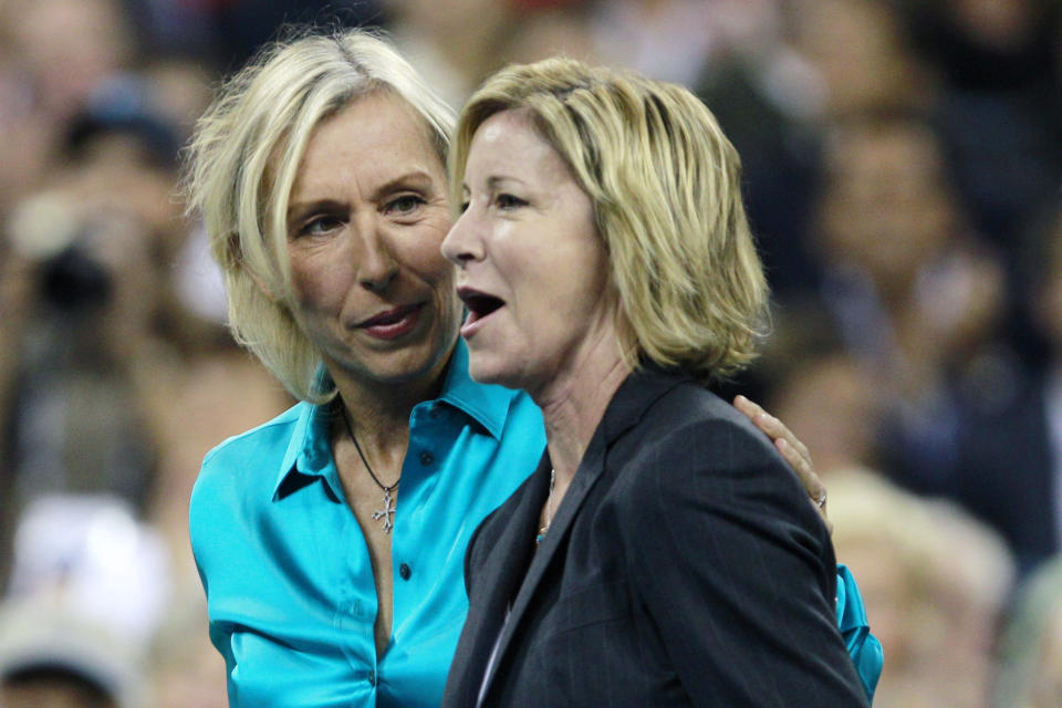 FILE - Former tennis players Martina Navratilova, left, and Chris Evert are introduced before the start of the women's championship match at the U.S. Open tennis tournament in New York, Saturday, Sept. 11, 2010. Saudi Arabia will host the WTA Finals as part of a three-year deal announced Thursday, April 4, 2024, by the women’s professional tennis tour that will increase the prize money for this November’s season-ending championship to a record $15.25 million, a 70% increase from 2023. The event for the top eight singles players and top eight doubles teams will be held in Riyadh from 2024-26, part of a recent wave of investment by the kingdom in tennis and various sports, despite questions about LGBTQ+ and women’s rights there raised by Hall of Famers Chris Evert and Martina Navratilova and others. (AP Photo/Charles Krupa, File)