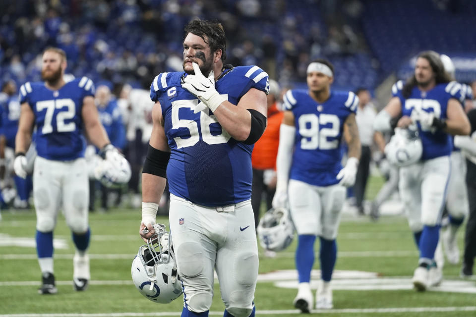 Indianapolis Colts guard Quenton Nelson (56) walks off the field with his teammates following their NFL football game against the Houston Texans, Sunday, Jan. 8, 2023, in Indianapolis. The Houston Texans defeated the Indianapolis Colts 32-31. (AP Photo/Darron Cummings)